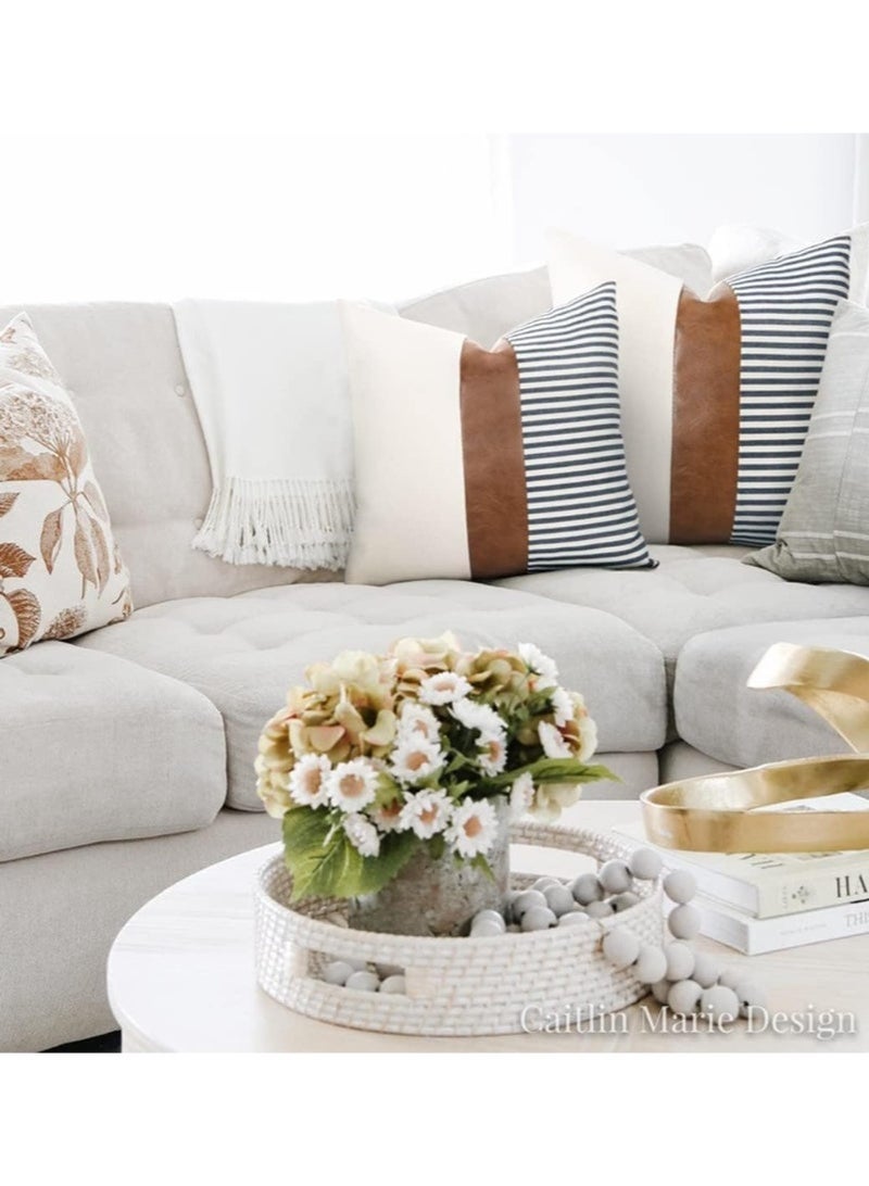 طقم من غطاءين للوسائد المزخرفة بنمط ريفي، أغطية وسائد عصرية من الجلد الصناعي، أغطية وسائد مخططة من الكتان المرقع لتزيين الأريكة والسرير - Image 3